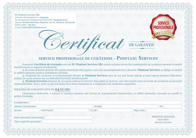 certificat Certificat de garantie oferit clientului de catre firma Piontani Services in urma activitatilor de curatenie